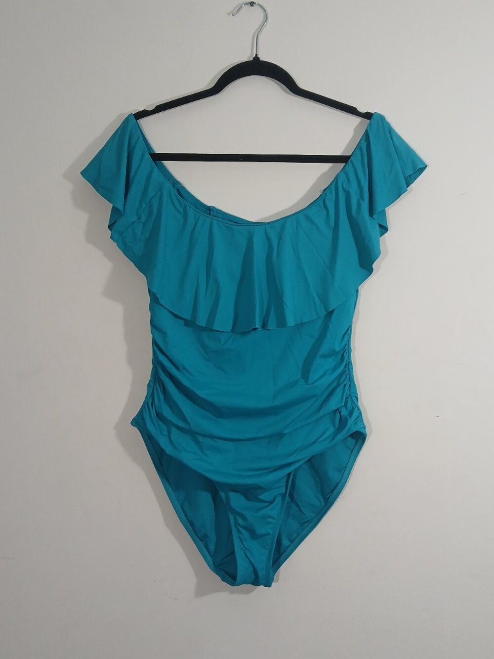 La Blanca Womens One Piece Swimsuit Blue Ruffle Ruched Lace Up Back
